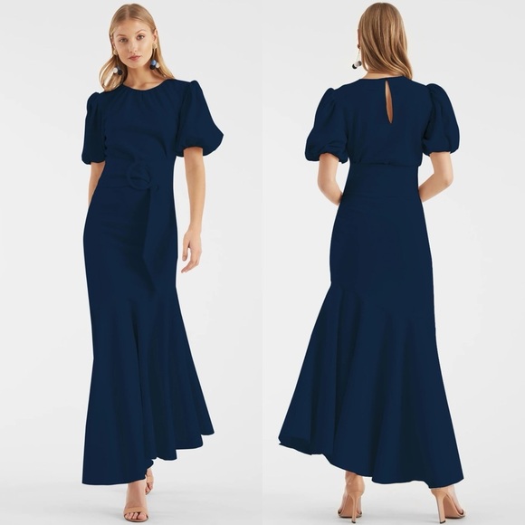 Sachin & Babi Midnight Camila Crepe Ruched Mermaid Maxi Dress w Puff Sleeve - 8 - Picture 1 of 4